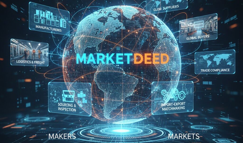 This illustration represents MarketDeed’s end-to-end trade ecosystem, showcasing how manufacturers, exporters, service providers, and global buyers connect on one platform. The visual highlights supplier discovery, verified business matchmaking, import–export support, logistics, freight forwarding, and trade compliance services. MarketDeed bridges makers and markets, helping businesses reduce risk, build trust, and grow globally.