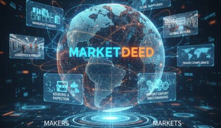 This illustration represents MarketDeed’s end-to-end trade ecosystem, showcasing how manufacturers, exporters, service providers, and global buyers connect on one platform. The visual highlights supplier discovery, verified business matchmaking, import–export support, logistics, freight forwarding, and trade compliance services. MarketDeed bridges makers and markets, helping businesses reduce risk, build trust, and grow globally. This illustration represents MarketDeed’s end-to-end trade ecosystem, showcasing how manufacturers, exporters, service providers, and global buyers connect on one platform. The visual highlights supplier discovery, verified business matchmaking, import–export support, logistics, freight forwarding, and trade compliance services. MarketDeed bridges makers and markets, helping businesses reduce risk, build trust, and grow globally.
