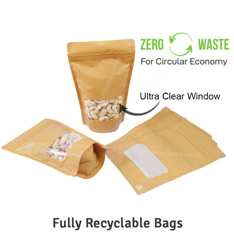 Kraft Look Recyclable Stand Up Pouches With Rectangle Window