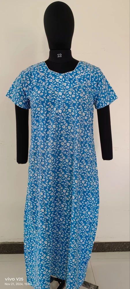 Blue Printed Cotton Nighty