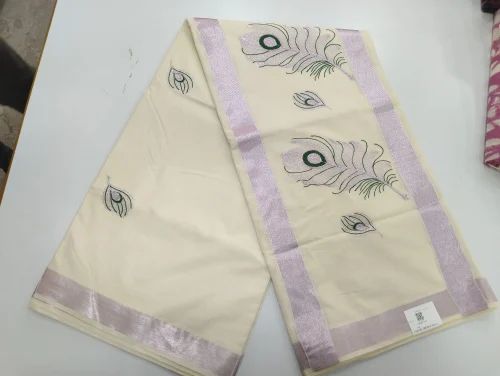 Embroidered Wedding Wear Kerala Cotton Saree