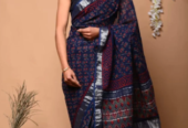 Hand Block Printed Linen Saree With Blouse