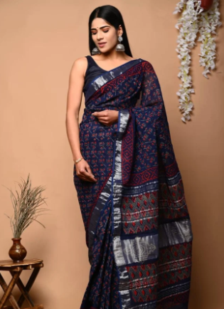 Hand Block Printed Linen Saree With Blouse