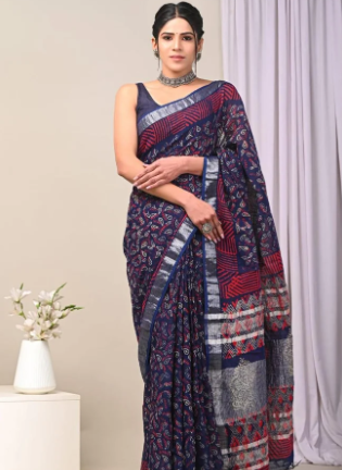Hand Block Printed Linen Saree With Blouse
