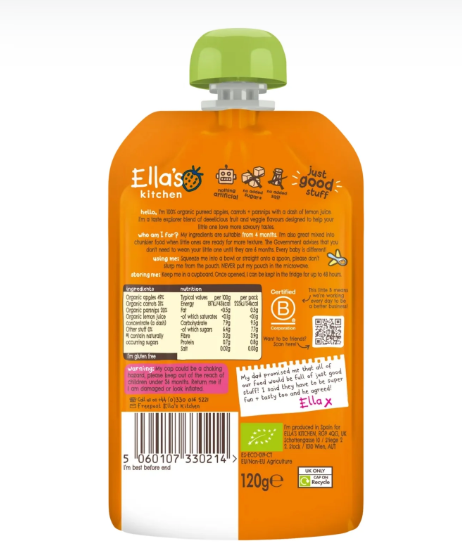 Ellas Kitchen Baby Food Pouch, Apples Carrots + Parsnips (4m+) – 120g