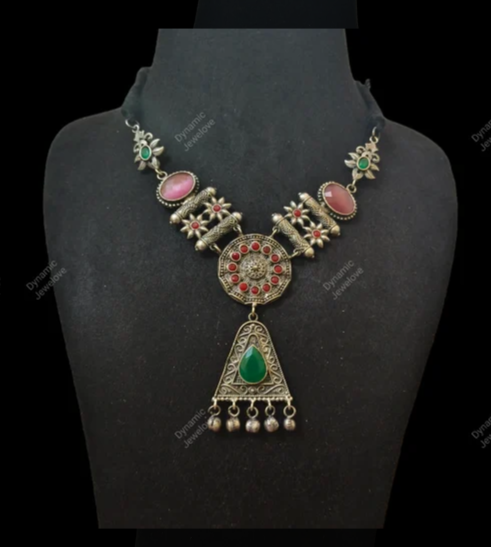 Silver Oxidised Statement Fusion Necklace Set