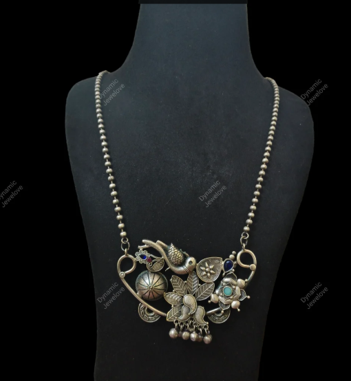 Silver Oxidised Statement Fusion Necklace Set