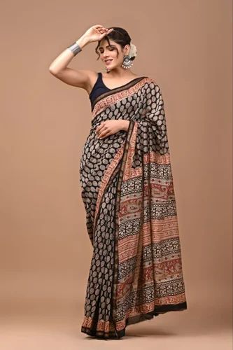 Hand Block Printed Pure Chanderi Silk Sarees with blouse piece