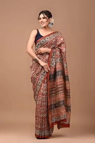 Hand Block Printed Pure Chanderi Silk Sarees with blouse piece