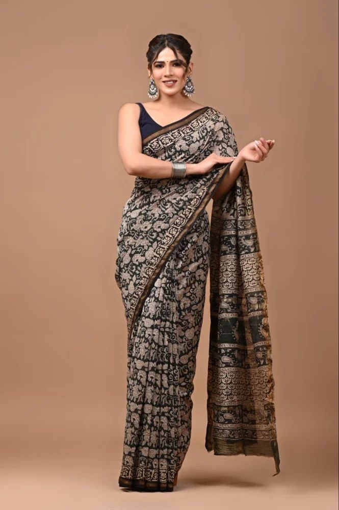 Hand Block Printed Pure Chanderi Silk Sarees with blouse piece