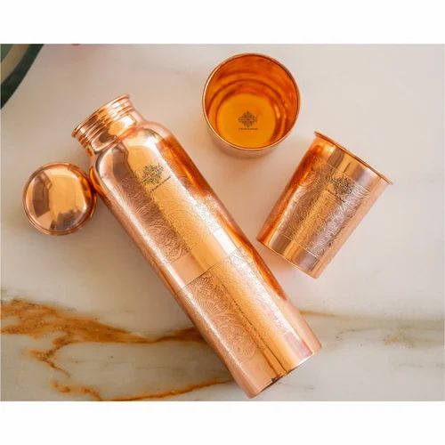 Indian Art Villa Copper Drinkware Gift Set of 1 Bottle & 2 Glass With Box