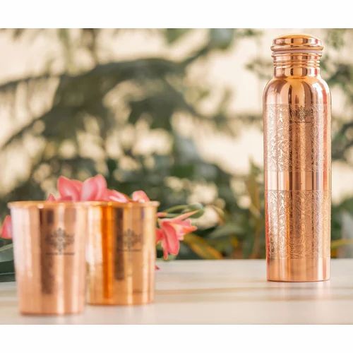Indian Art Villa Copper Drinkware Gift Set of 1 Bottle & 2 Glass With Box