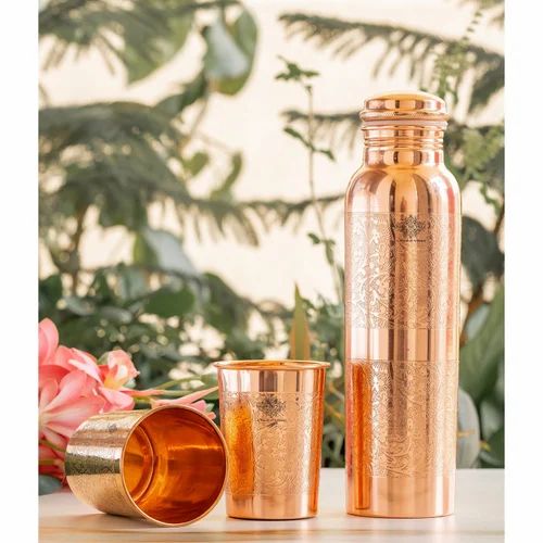 Indian Art Villa Copper Drinkware Gift Set of 1 Bottle & 2 Glass With Box