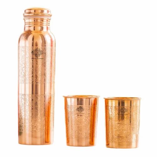 Indian Art Villa Copper Drinkware Gift Set of 1 Bottle & 2 Glass With Box