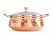 Indian Art Villa Steel Copper Hammered Design Casserole with Brass Handles