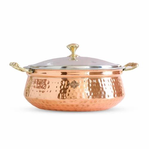 Indian Art Villa Steel Copper Hammered Design Casserole with Brass Handles