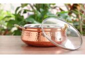 Indian Art Villa Steel Copper Hammered Design Casserole with Brass Handles