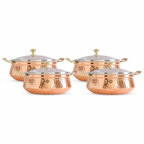Indian Art Villa Steel Copper Hammered Design Casserole with Brass Handles