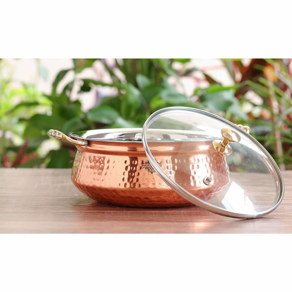 Indian Art Villa Steel Copper Hammered Design Casserole with Brass Handles